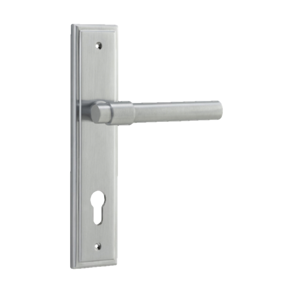 Door Lever Helsinki Stepped Euro Pair Brushed Chrome CTC85mm H237xW50xP44mm in Brushed Chrome