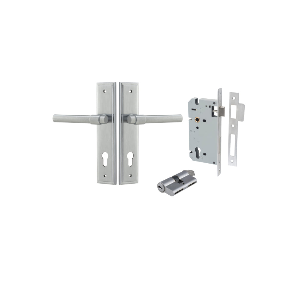 Pair of Iver Helsinki lever door handles with stepped backplate in a sleek, modern design, shown in a close-up image.