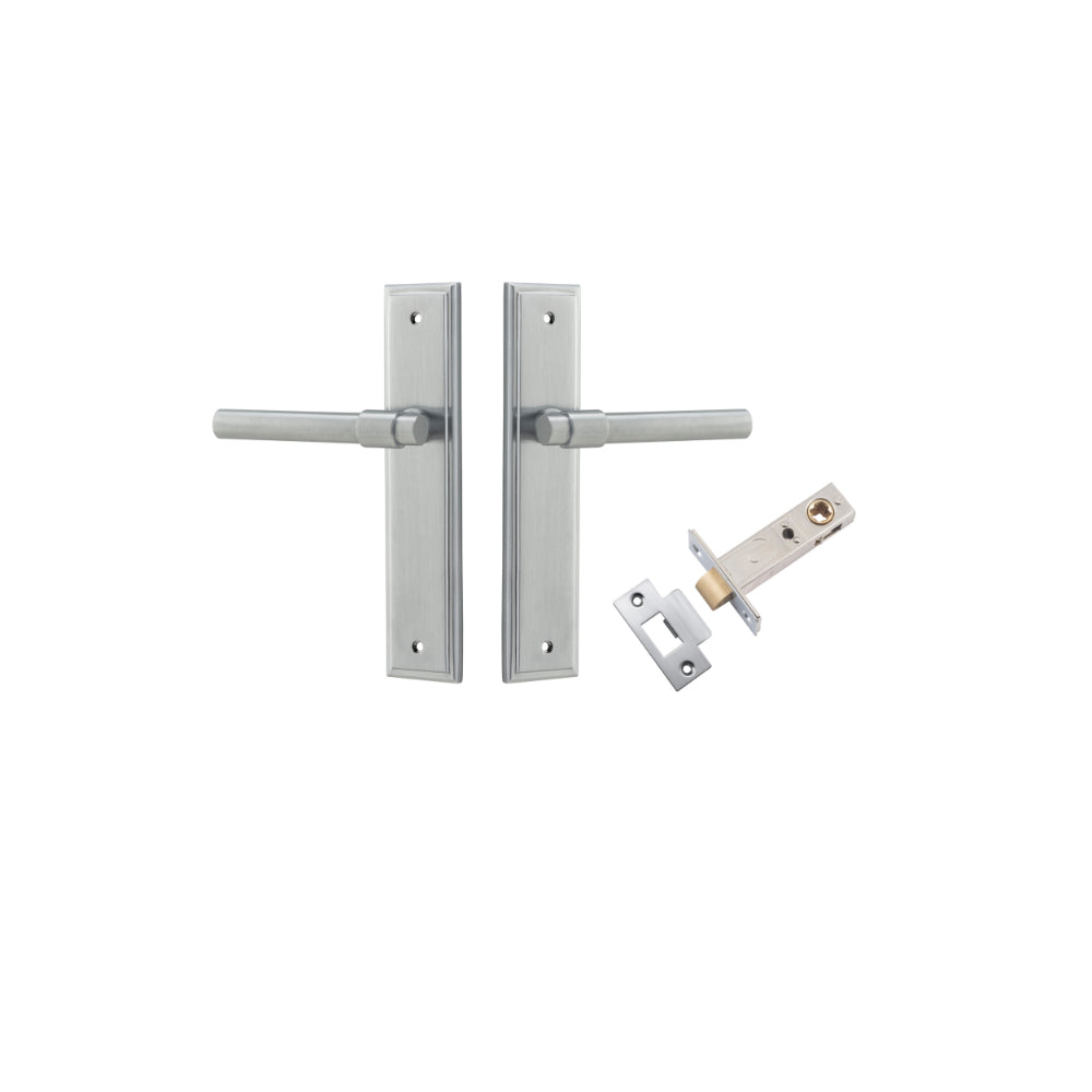 Pair of Iver Helsinki lever door handles with stepped backplate in a sleek, modern design, shown in the image.