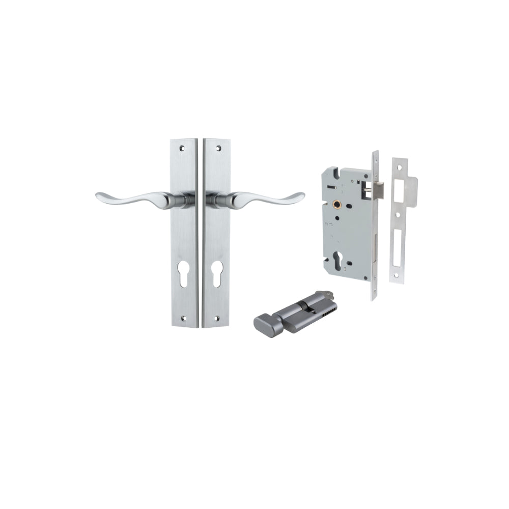 Door Lever Stirling Rectangular Euro Pair Brushed Chrome CTC85mm H240xW38xP64mm Entrance Kit, Mortice Lock Euro Brushed Chrome CTC85mm Backset 60mm, Euro Cylinder Key Thumb 6 Pin Brushed Chrome L70mm KA1 in Brushed Chrome