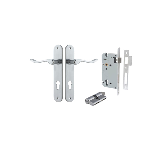 Door Lever Stirling Oval Euro Pair Brushed Chrome CTC85mm H240xW40xP64mm Entrance Kit Mortice Lock Euro Brushed Chrome CTC85mm Backset 60mm, Euro Cylinder Dual Function 5 Pin Brushed Chrome L65mm KA1 in Brushed Chrome