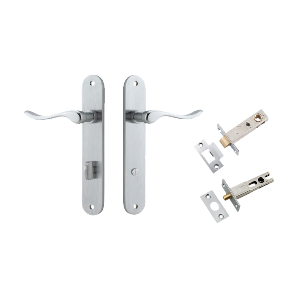 Door Lever Stirling Oval Privacy Pair Brushed Chrome CTC85mm H240xW40xP64mm Privacy Kit Tube Latch Split Cam 'T' Striker Brushed Chrome Backset 60mm, Privacy Bolt Round Bolt Brushed Chrome Backset 60mm in Brushed Chrome