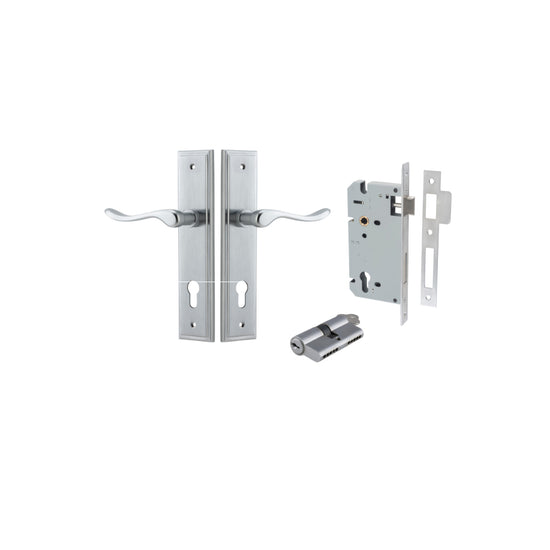 Door Lever Stirling Stepped Euro Pair Brushed Chrome CTC85mm H237xW50xP64mm Entrance Kit Mortice Lock Euro Brushed Chrome CTC85mm Backset 60mm, Euro Cylinder Dual Function 5 Pin Brushed Chrome L65mm KA1 in Brushed Chrome