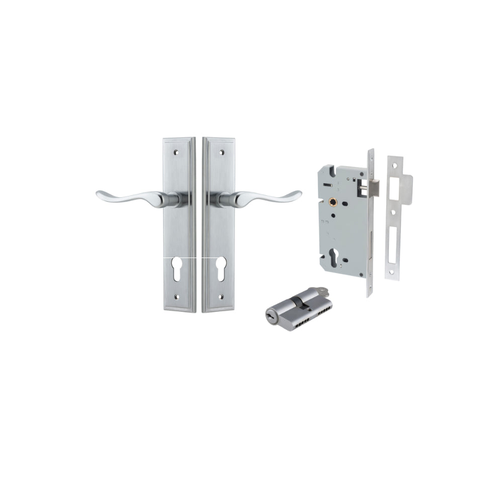 Door Lever Stirling Stepped Euro Pair Brushed Chrome CTC85mm H237xW50xP64mm Entrance Kit Mortice Lock Euro Brushed Chrome CTC85mm Backset 60mm, Euro Cylinder Dual Function 5 Pin Brushed Chrome L65mm KA1 in Brushed Chrome