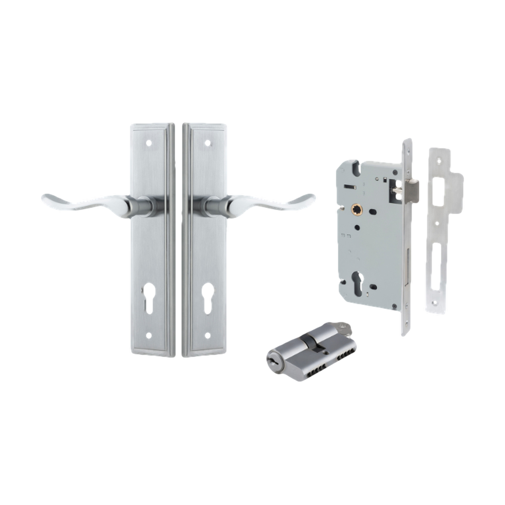 Door Lever Stirling Stepped Euro Pair Brushed Chrome CTC85mm H237xW50xP64mm Entrance Kit Mortice Lock Euro Brushed Chrome CTC85mm Backset 60mm, Euro Cylinder Dual Function 5 Pin Brushed Chrome L65mm KA1 in Brushed Chrome