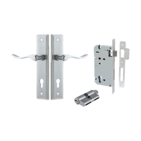 Door Lever Stirling Stepped Euro Pair Brushed Chrome CTC85mm H237xW50xP64mm Entrance Kit Mortice Lock Euro Brushed Chrome CTC85mm Backset 60mm, Euro Cylinder Dual Function 5 Pin Brushed Chrome L65mm KA1 in Brushed Chrome