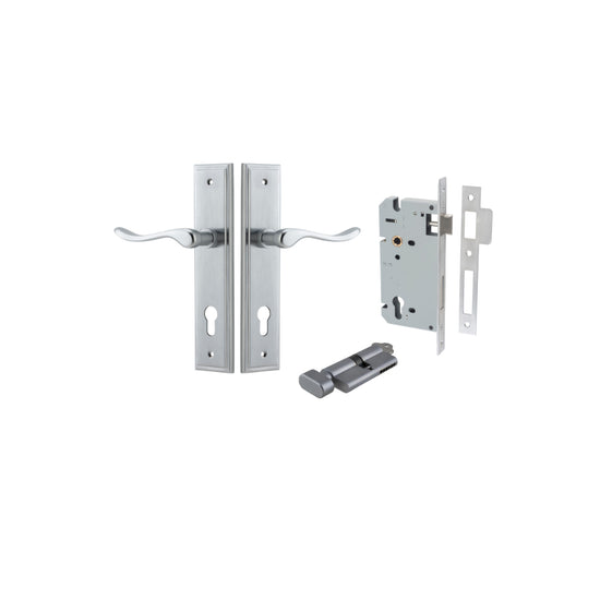 Door Lever Stirling Stepped Euro Pair Brushed Chrome CTC85mm H237xW50xP64mm Entrance Kit Mortice Lock Euro Brushed Chrome CTC85mm Backset 60mm, Euro Cylinder Key Thumb 6 Pin Brushed Chrome L70mm KA1 in Brushed Chrome