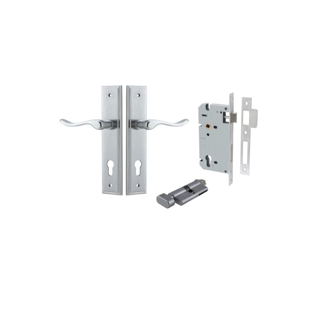 Door Lever Stirling Stepped Euro Pair Brushed Chrome CTC85mm H237xW50xP64mm Entrance Kit Mortice Lock Euro Brushed Chrome CTC85mm Backset 60mm, Euro Cylinder Key Thumb 6 Pin Brushed Chrome L70mm KA1 in Brushed Chrome
