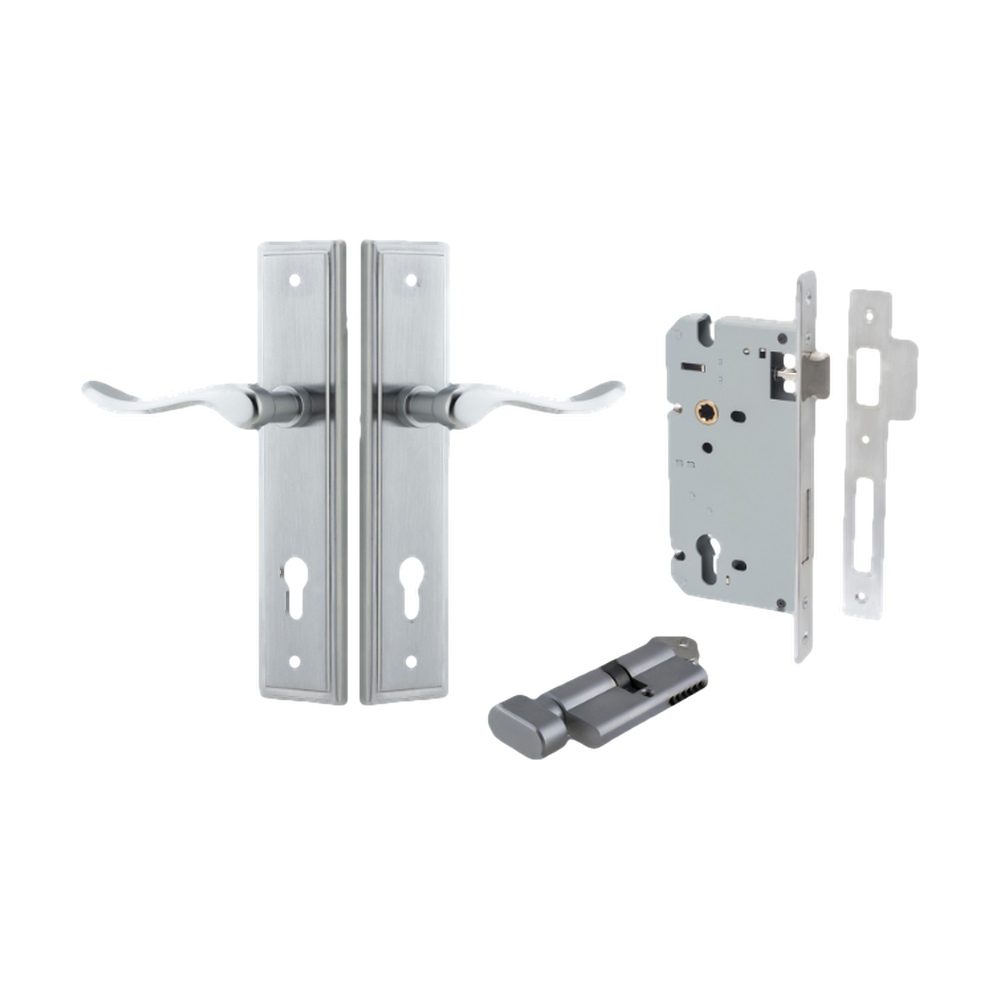 Door Lever Stirling Stepped Euro Pair Brushed Chrome CTC85mm H237xW50xP64mm Entrance Kit Mortice Lock Euro Brushed Chrome CTC85mm Backset 60mm, Euro Cylinder Key Thumb 6 Pin Brushed Chrome L70mm KA1 in Brushed Chrome