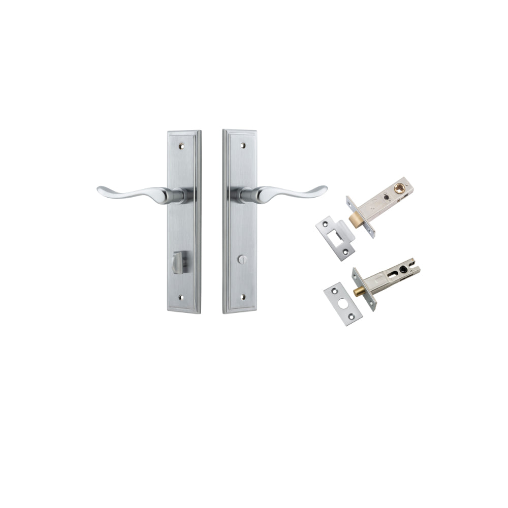 Door Lever Stirling Stepped Privacy Pair Brushed Chrome CTC85mm H237xW50xP64mm Privacy Kit Tube Latch Split Cam 'T' Striker Brushed Chrome Backset 60mm, Privacy Bolt Round Bolt Brushed Chrome Backset 60mm in Brushed Chrome