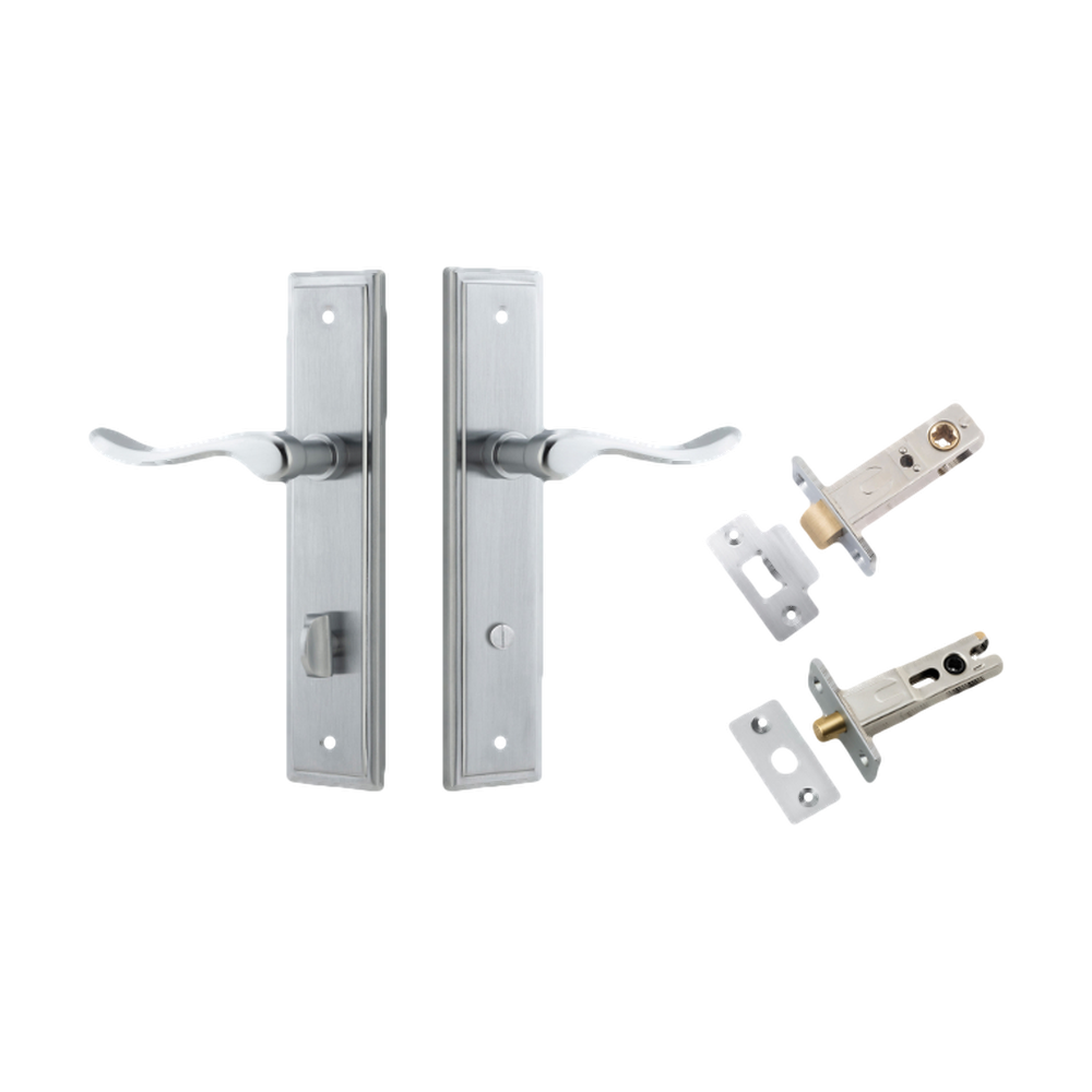 Door Lever Stirling Stepped Privacy Pair Brushed Chrome CTC85mm H237xW50xP64mm Privacy Kit Tube Latch Split Cam 'T' Striker Brushed Chrome Backset 60mm, Privacy Bolt Round Bolt Brushed Chrome Backset 60mm in Brushed Chrome