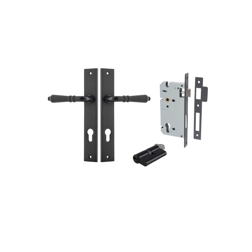 Pair of Iver Sarlat lever handles with rectangular backplates, polished brass finish, mounted on a door.