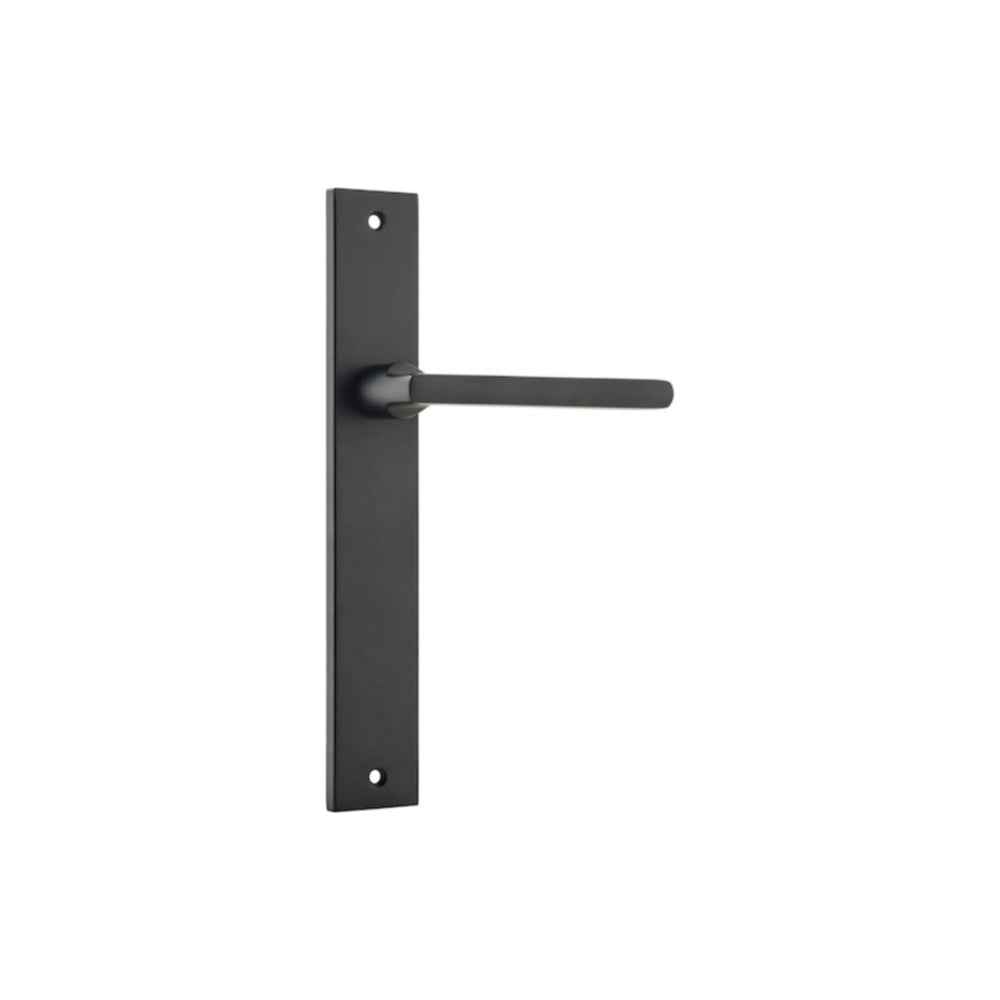 Pair of Iver Baltimore lever door handles on rectangular backplates, featuring sleek, modern metal design for interior doors.