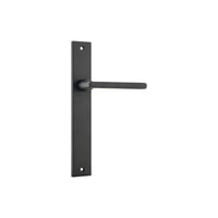 Pair of Iver Baltimore lever door handles on rectangular backplates, featuring sleek, modern metal design for interior doors.