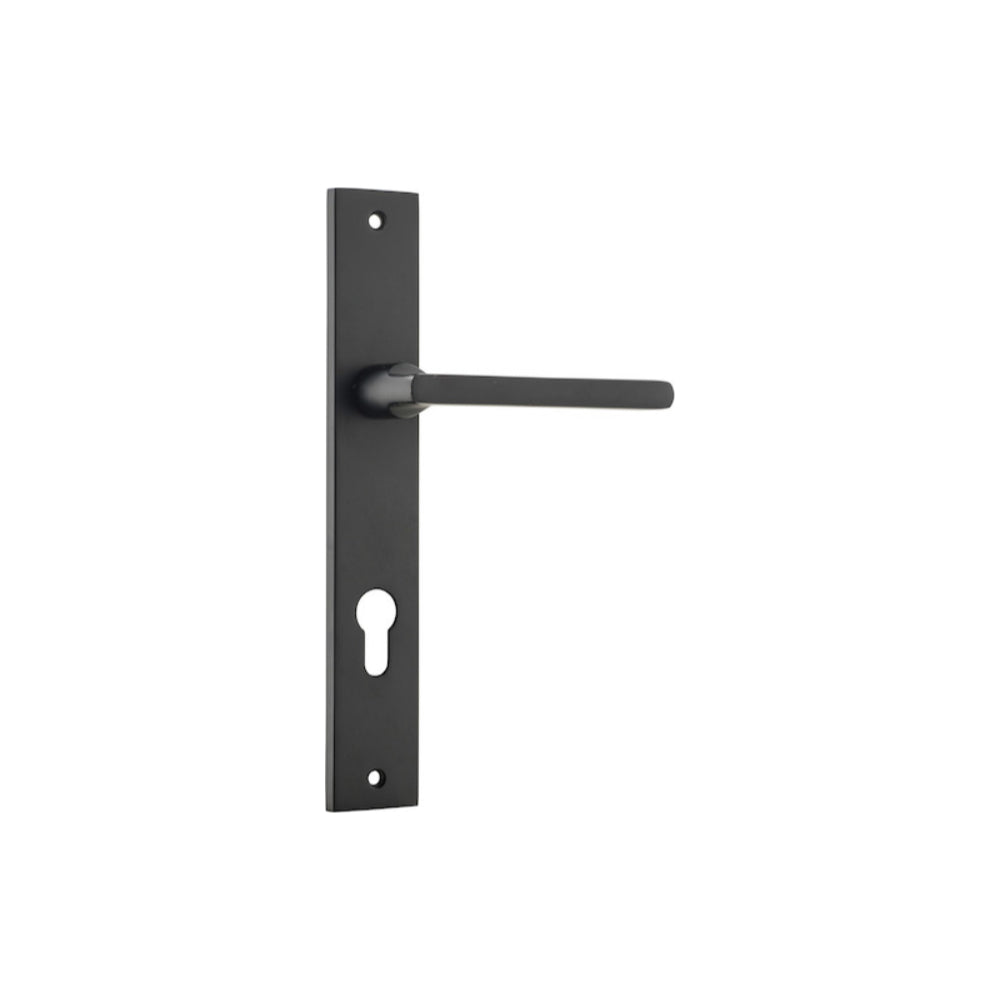 Pair of Iver Baltimore lever door handles on rectangular backplates, showcasing sleek metal design and polished finish.