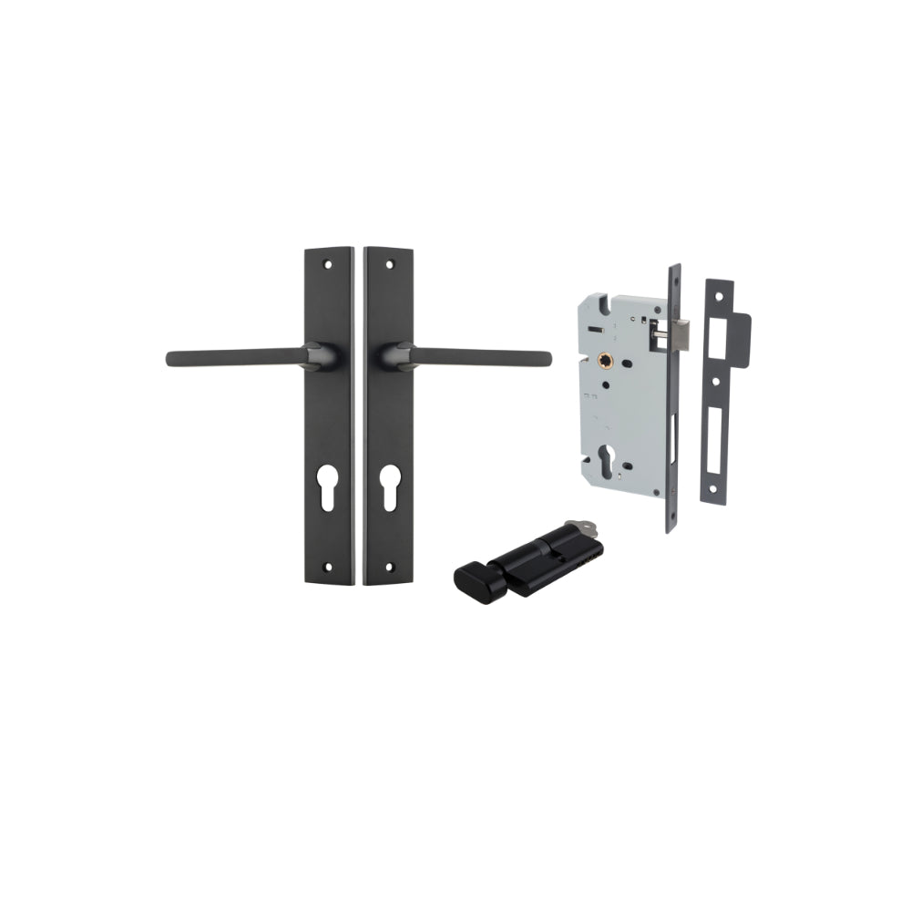 Pair of Iver Baltimore lever door handles on rectangular backplates, featuring modern black finish and sleek design.