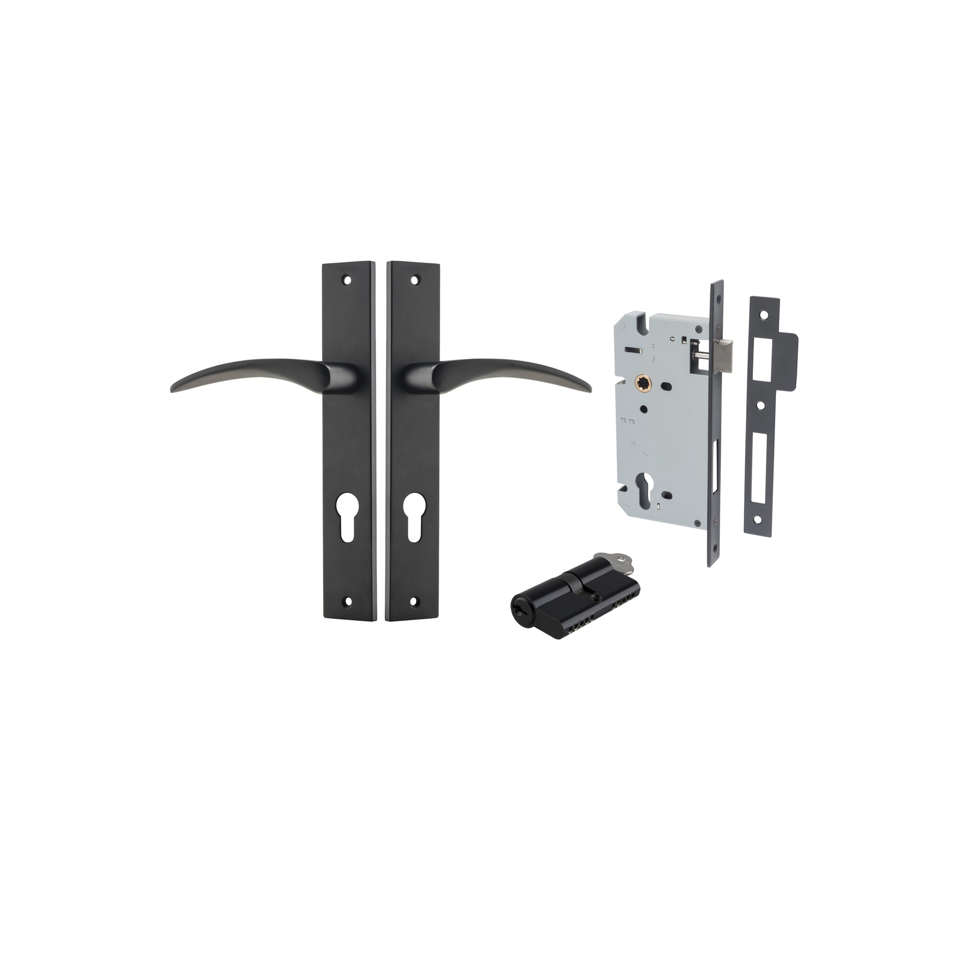 Door Lever Oxford Rectangular Euro Matt Black CTC85mm H240xW38xP60mm Entrance Kit, Mortice Lock Euro Matt Black CTC85mm Backset 60mm, Euro Cylinder Dual Function 5 Pin Matt Black L65mm KA1 in Matt Black