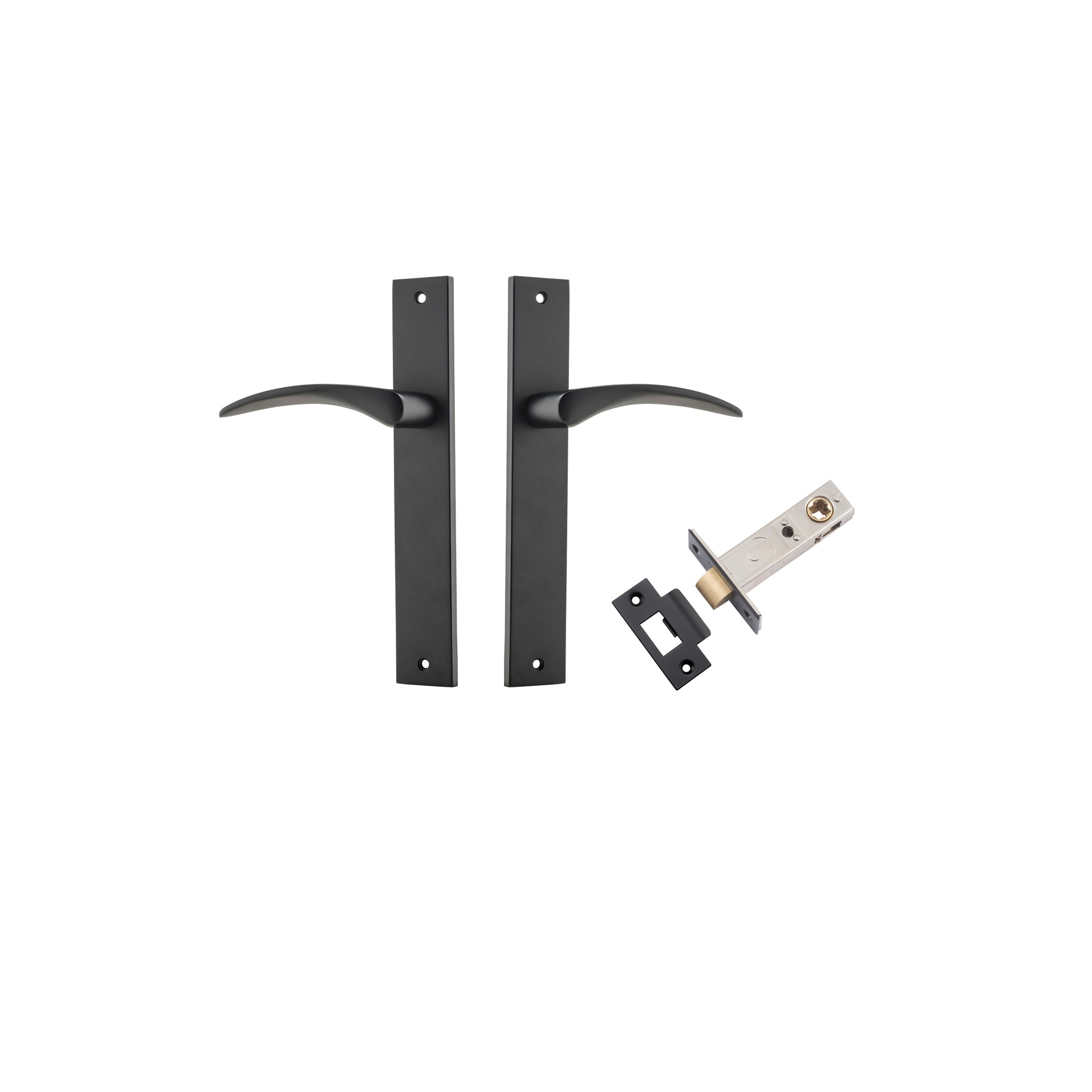 Door Lever Oxford Rectangular Latch Matt Black H240xW38xP60mm Passage Kit, Tube Latch Split Cam 'T' Striker Matt Black Backset 60mm in Matt Black