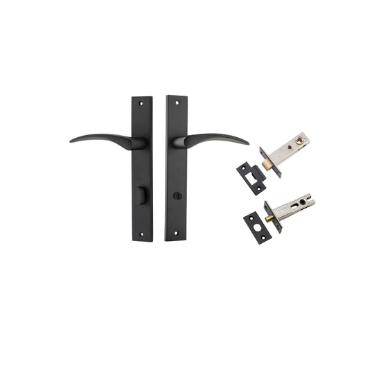Door Lever Oxford Rectangular Privacy Matt Black CTC85mm H240xW38xP60mm Privacy Kit, Tube Latch Split Cam 'T' Striker Matt Black Backset 60mm, Privacy Bolt Round Bolt Matt Black Backset 60mm in Matt Black
