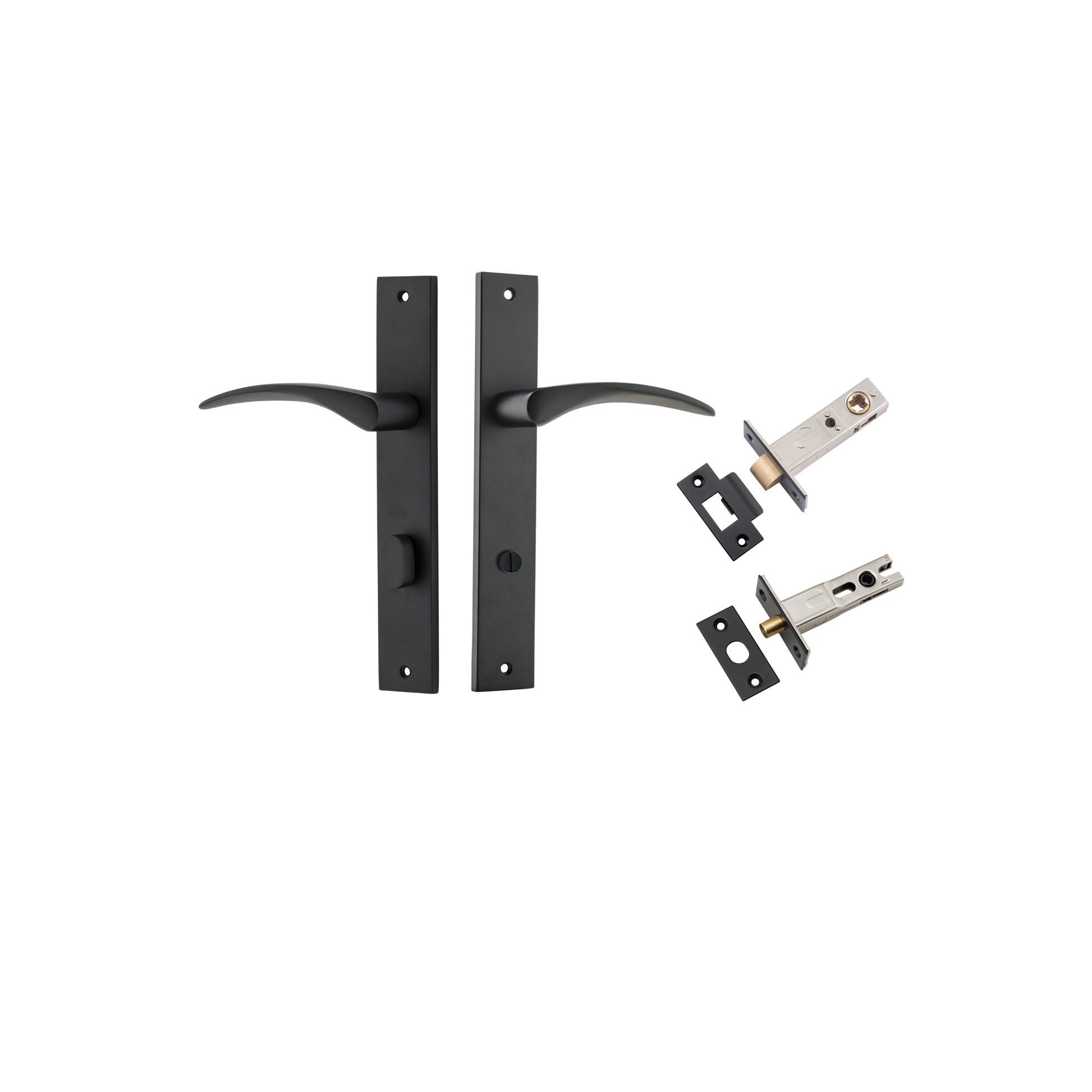 Door Lever Oxford Rectangular Privacy Matt Black CTC85mm H240xW38xP60mm Privacy Kit, Tube Latch Split Cam 'T' Striker Matt Black Backset 60mm, Privacy Bolt Round Bolt Matt Black Backset 60mm in Matt Black