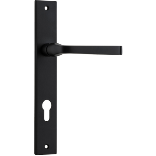 Pair of Iver Annecy lever door handles on rectangular backplates, featuring a sleek, modern design for interior doors.