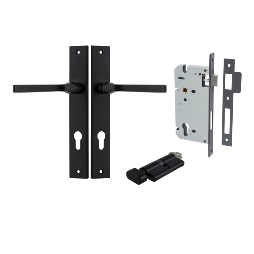 Door Lever Annecy Rectangular Euro Matt Black CTC85mm H240xW38xP65mm Entrance Kit, Mortice Lock Euro Matt Black CTC85mm Backset 60mm, Euro Cylinder Key Thumb 6 Pin Matt Black L70mm KA1 in Matt Black