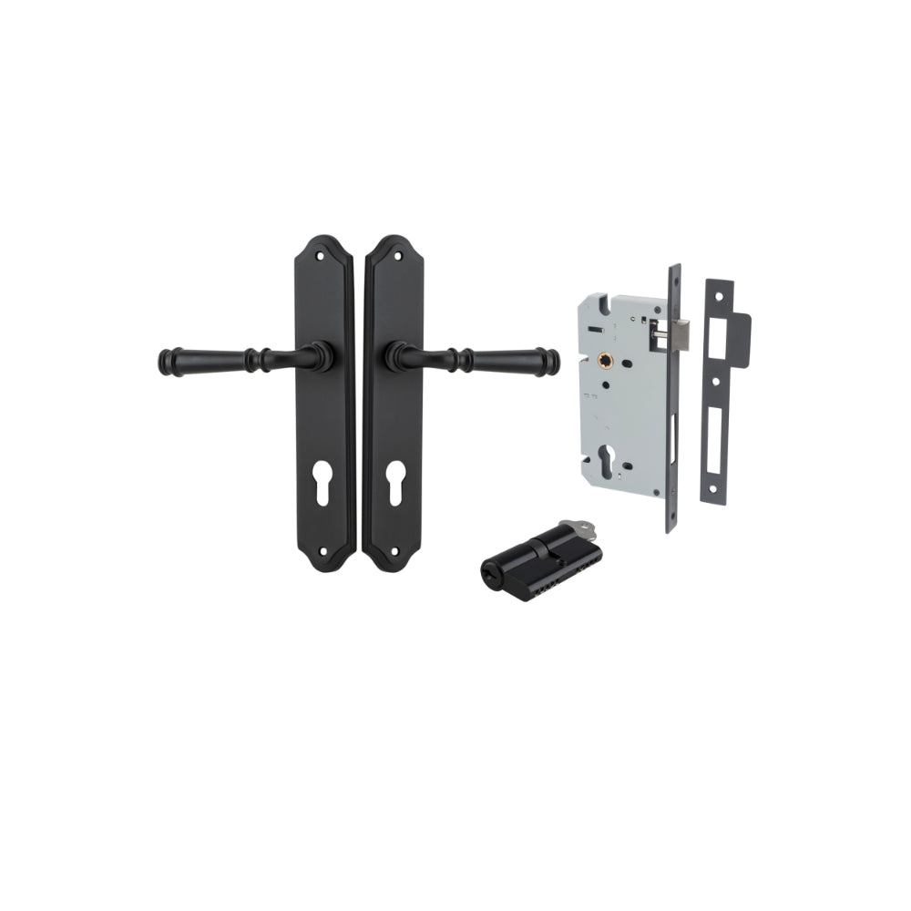Door Lever Verona Shouldered Euro Matt Black CTC85mm H240xW50xP59mm Entrance Kit Mortice Lock Euro Matt Black CTC85mm Backset 60mm, Euro Cylinder Dual Function 5 Pin Matt Black L65mm KA1 in Matt Black