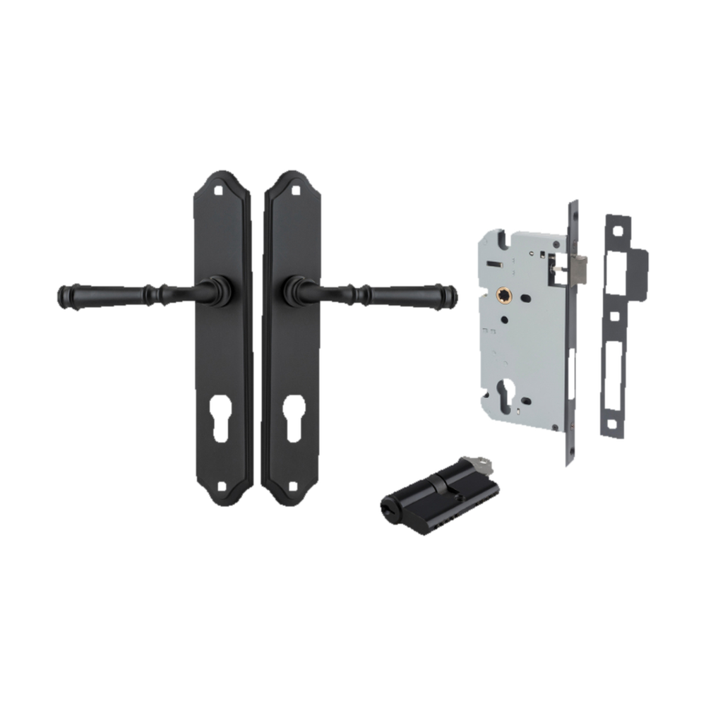 Door Lever Verona Shouldered Euro Matt Black CTC85mm H240xW50xP59mm Entrance Kit Mortice Lock Euro Matt Black CTC85mm Backset 60mm, Euro Cylinder Dual Function 5 Pin Matt Black L65mm KA1 in Matt Black