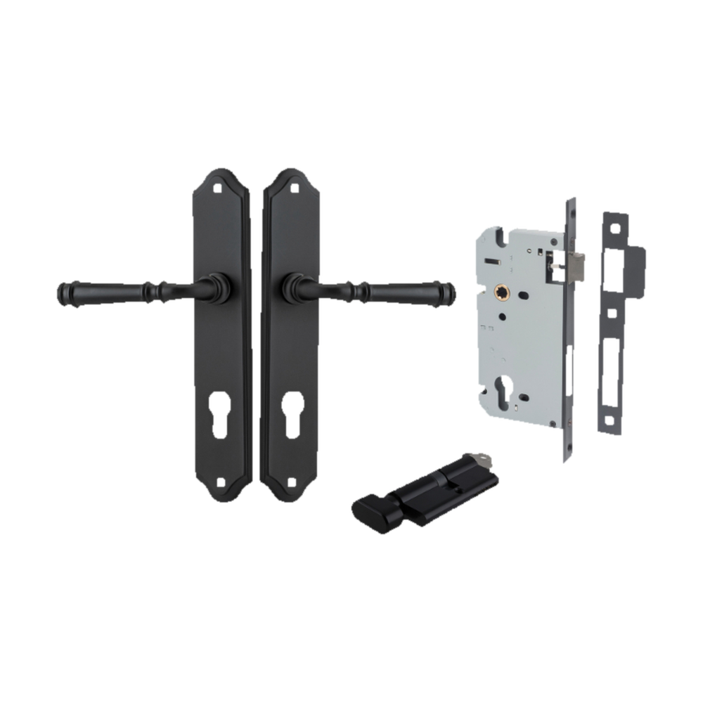 Door Lever Verona Shouldered Euro Matt Black CTC85mm H240xW50xP59mm Entrance Kit Mortice Lock Euro Matt Black CTC85mm Backset 60mm, Euro Cylinder Key Thumb 6 Pin Matt Black L70mm KA1 in Matt Black