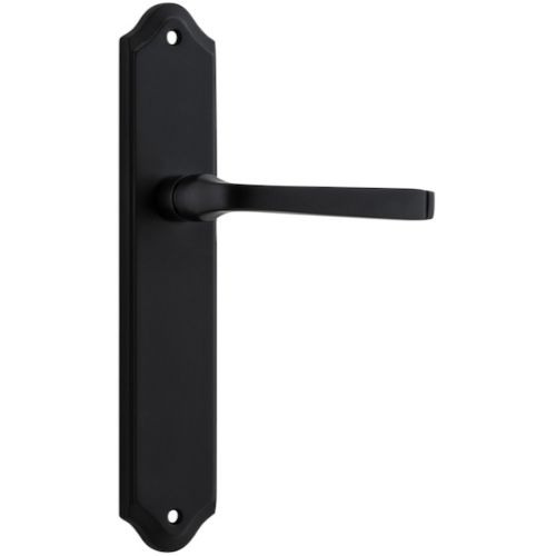 Pair of Iver Annecy lever handles on shouldered backplates, featuring modern design and brushed metal finish.