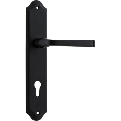 Pair of Iver Annecy lever handles on shouldered backplates, featuring a sleek, modern design for cabinet or furniture doors.