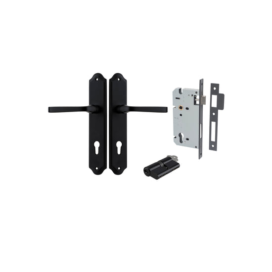 Door Lever Annecy Shouldered Euro Matt Black CTC85mm H240xW50xP65mm Entrance Kit, Mortice Lock Euro Matt Black CTC85mm Backset 60mm, Euro Cylinder Dual Function 5 Pin Matt Black L65mm KA1 in Matt Black