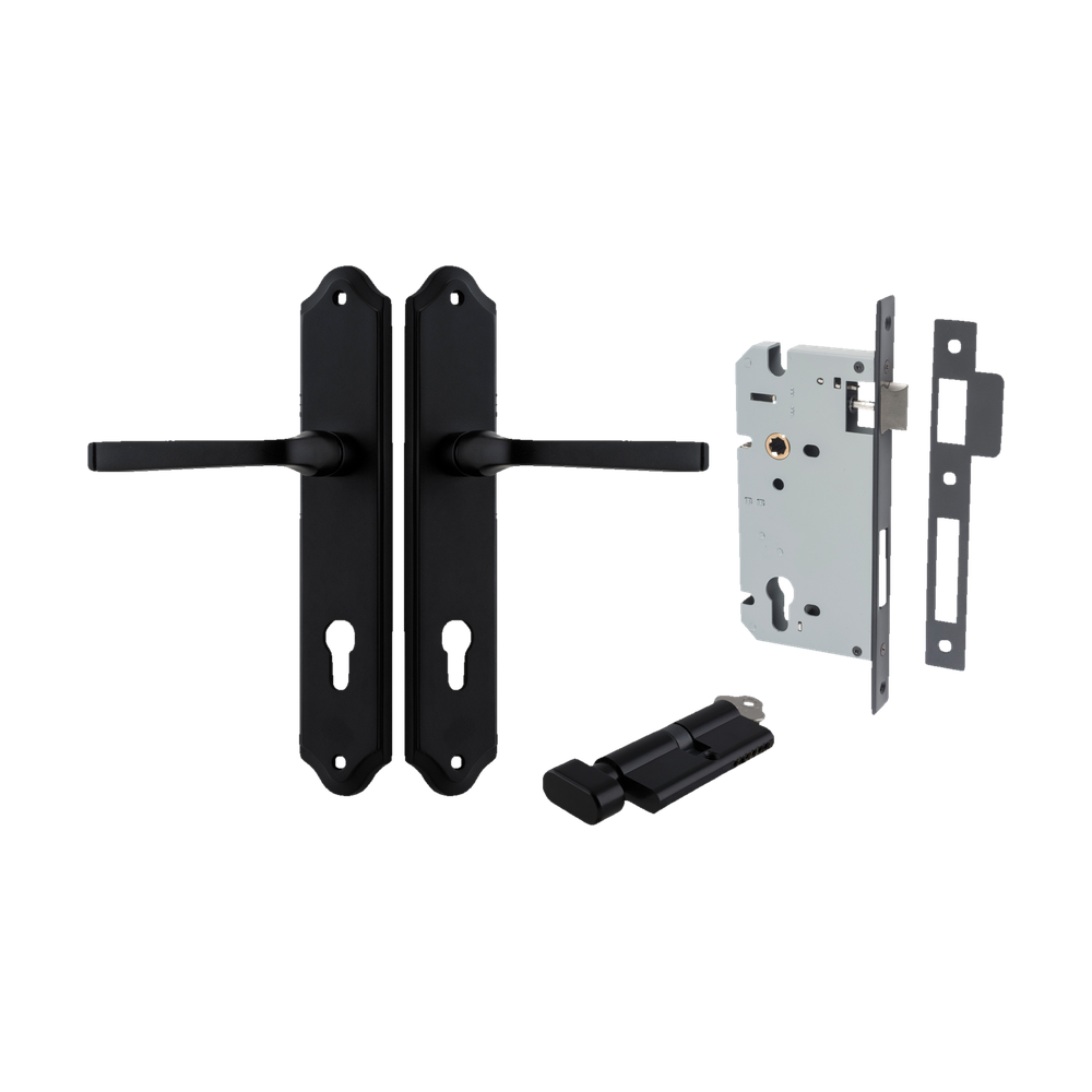 Door Lever Annecy Shouldered Euro Matt Black CTC85mm H240xW50xP65mm Entrance Kit Mortice Lock Euro Matt Black CTC85mm Backset 60mm, Euro Cylinder Key Thumb 6 Pin Matt Black L70mm KA1 in Matt Black