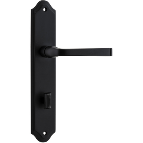 Pair of Iver Annecy lever handles on shouldered backplates, shown in a close-up with a polished finish for interior door use.