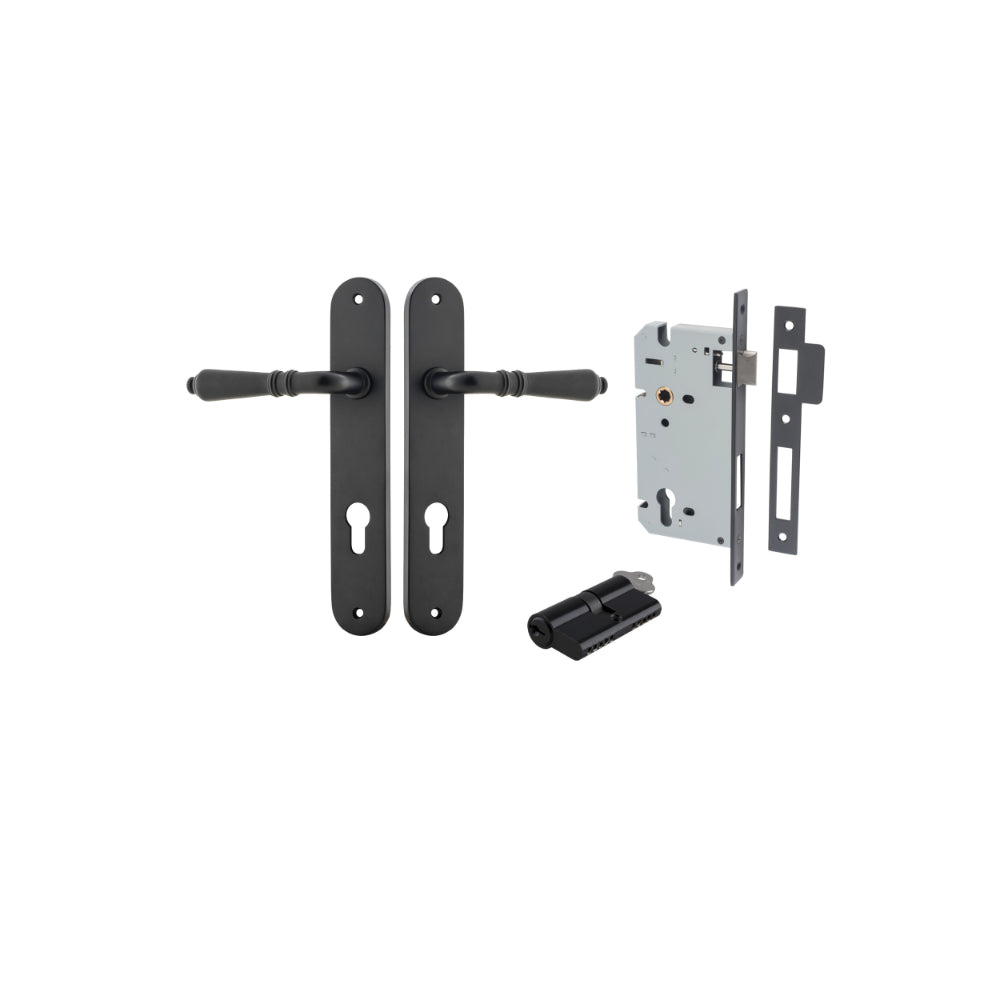 Pair of Iver Sarlat lever handles on oval backplates, featuring a sleek, modern design in a durable finish.
