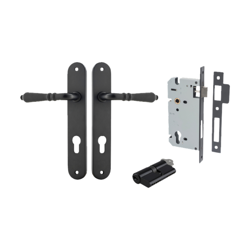 Door Lever Sarlat Oval Euro Matt Black CTC85mm H240xW40xP55mm Entrance Kit Mortice Lock Euro Matt Black CTC85mm Backset 60mm, Euro Cylinder Dual Function 5 Pin Matt Black L65mm KA1 in Matt Black