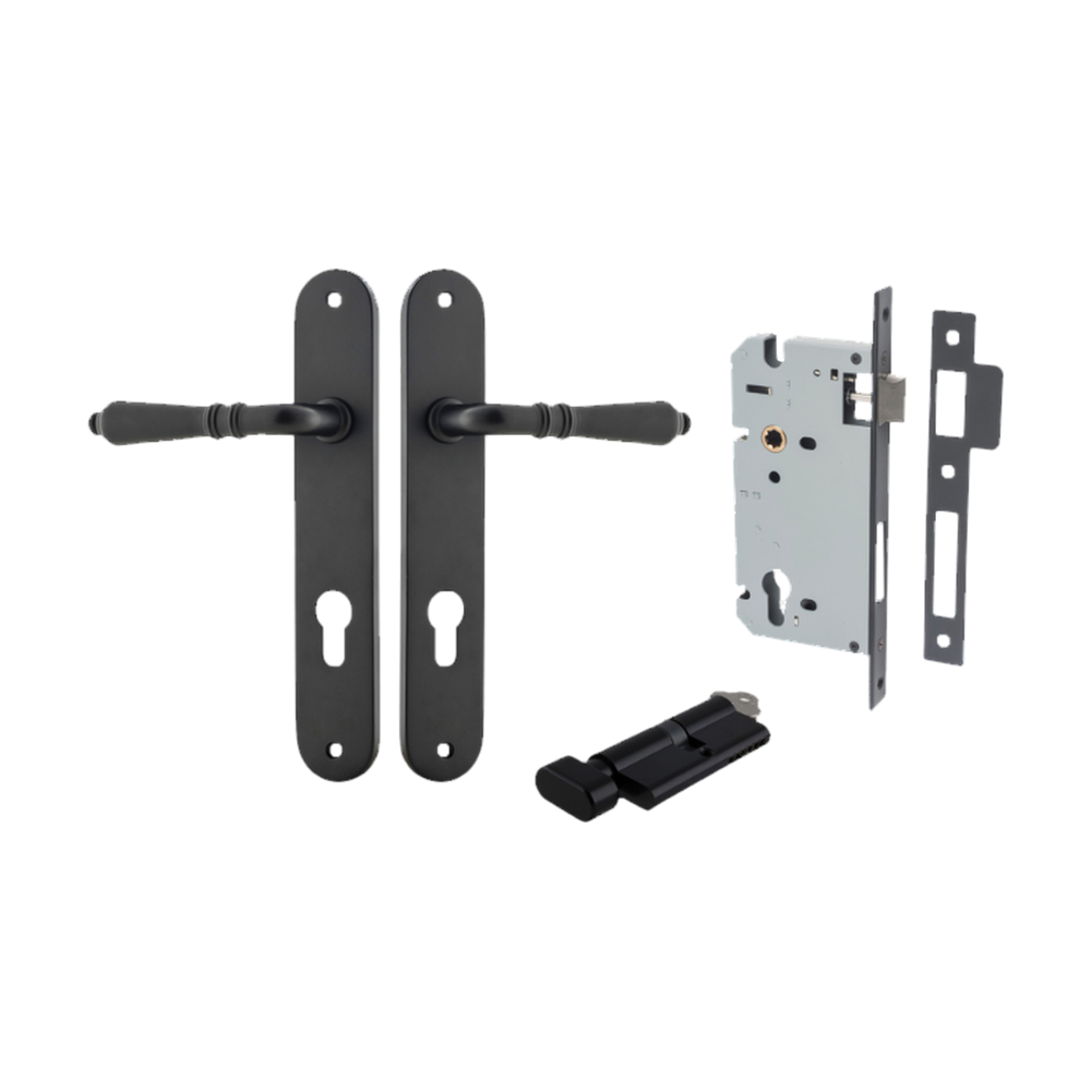 Door Lever Sarlat Oval Euro Matt Black CTC85mm H240xW40xP55mm Entrance Kit Mortice Lock Euro Matt Black CTC85mm Backset 60mm, Euro Cylinder Key Thumb 6 Pin Matt Black L70mm KA1 in Matt Black