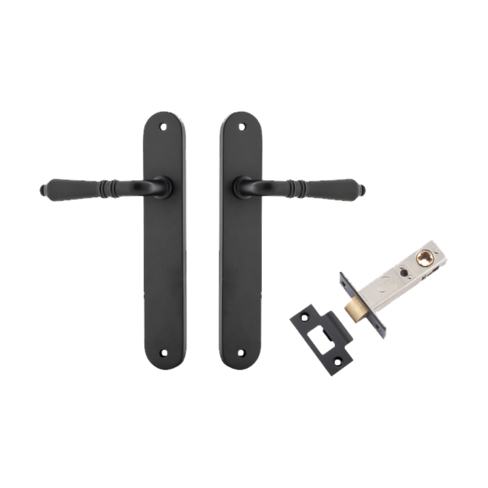 Door Lever Sarlat Oval Latch Matt Black H240xW40xP55mm Passage Kit Tube Latch Split Cam 'T' Striker Matt Black Backset 60mm in Matt Black