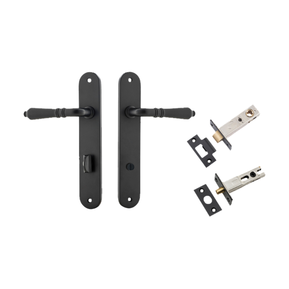 Door Lever Sarlat Oval Privacy Matt Black CTC85mm H240xW40xP55mm Privacy Kit Tube Latch Split Cam 'T' Striker Matt Black Backset 60mm, Privacy Bolt Round Bolt Matt Black Backset 60mm in Matt Black
