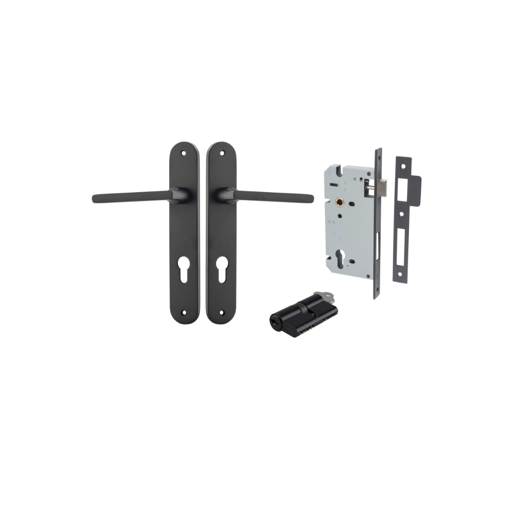Pair of Iver Baltimore lever door handles on oval backplates, featuring sleek modern design in a polished finish.
