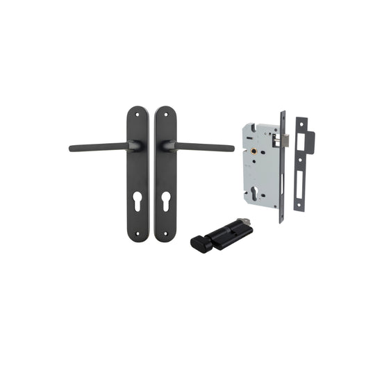 Door Lever Baltimore Oval Euro Matt Black CTC85mm H240xW40xP55mm Entrance Kit Mortice Lock Euro Matt Black CTC85mm Backset 60mm, Euro Cylinder Key Thumb 6 Pin Matt Black L70mm KA1 in Matt Black