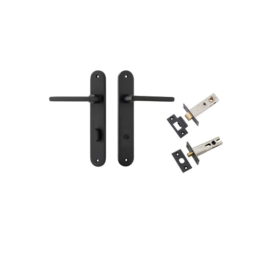 Door Lever Baltimore Oval Privacy Matt Black CTC85mm H240xW40xP55mm Inbuilt Privacy Kit Tube Latch Split Cam 'T' Striker Matt Black Backset 60mm, Privacy Bolt Round Bolt Matt Black Backset 60mm in Matt Black