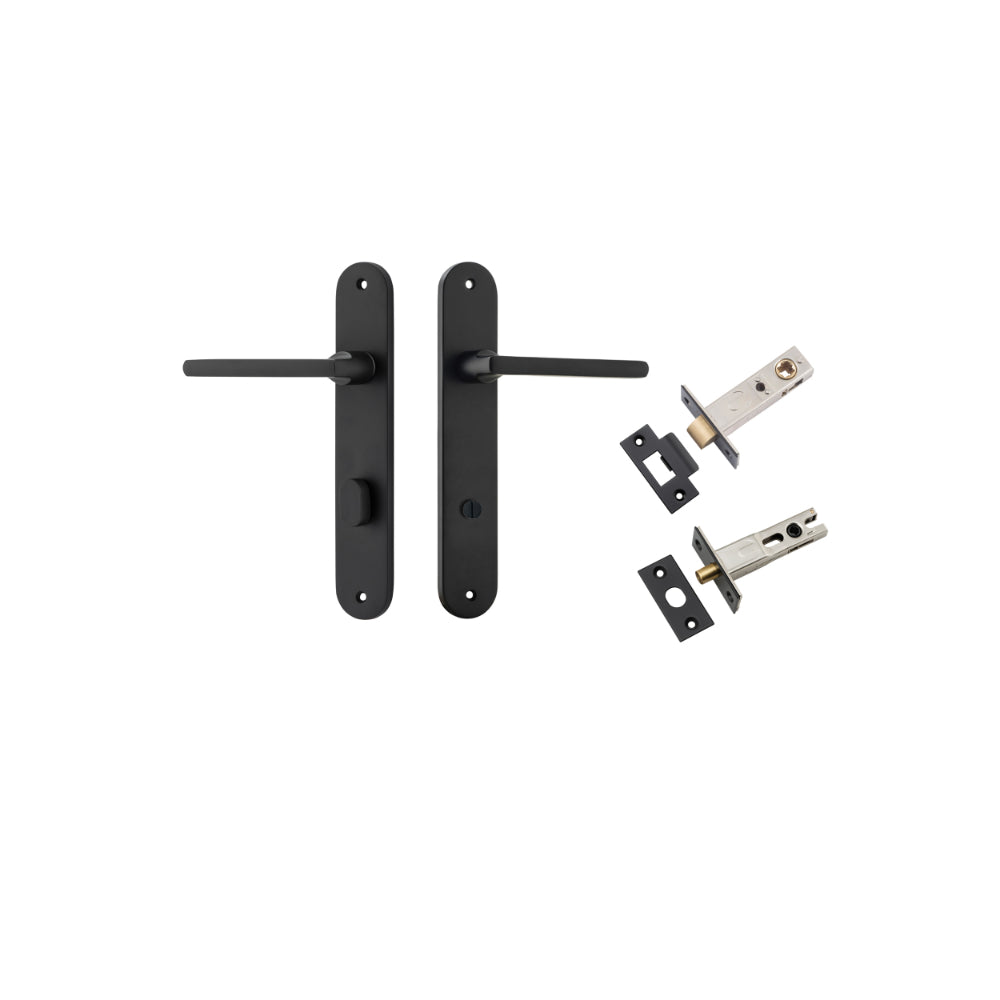 Pair of Iver Baltimore lever handles on oval backplates, featuring a sleek bronze finish and modern design for interior doors.