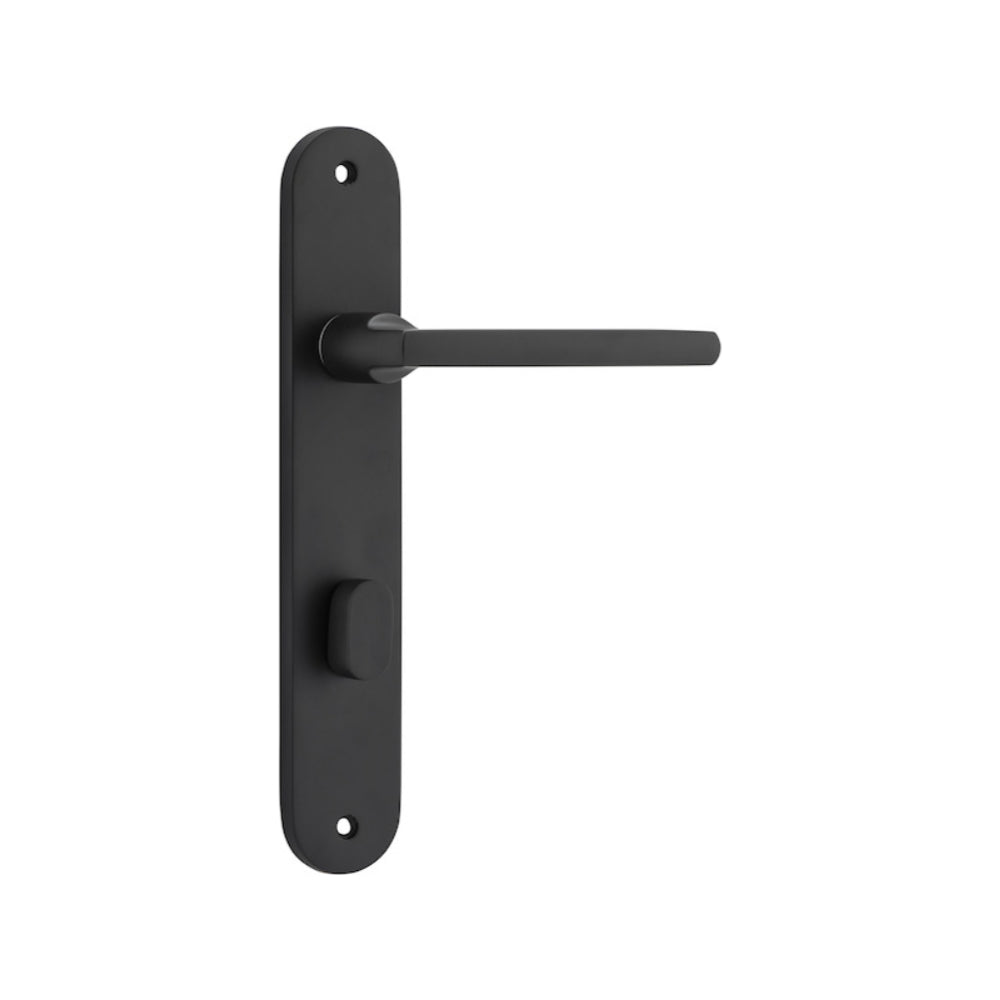 Pair of Iver Baltimore lever handles on oval backplates, featuring a sleek, modern design for interior door hardware.