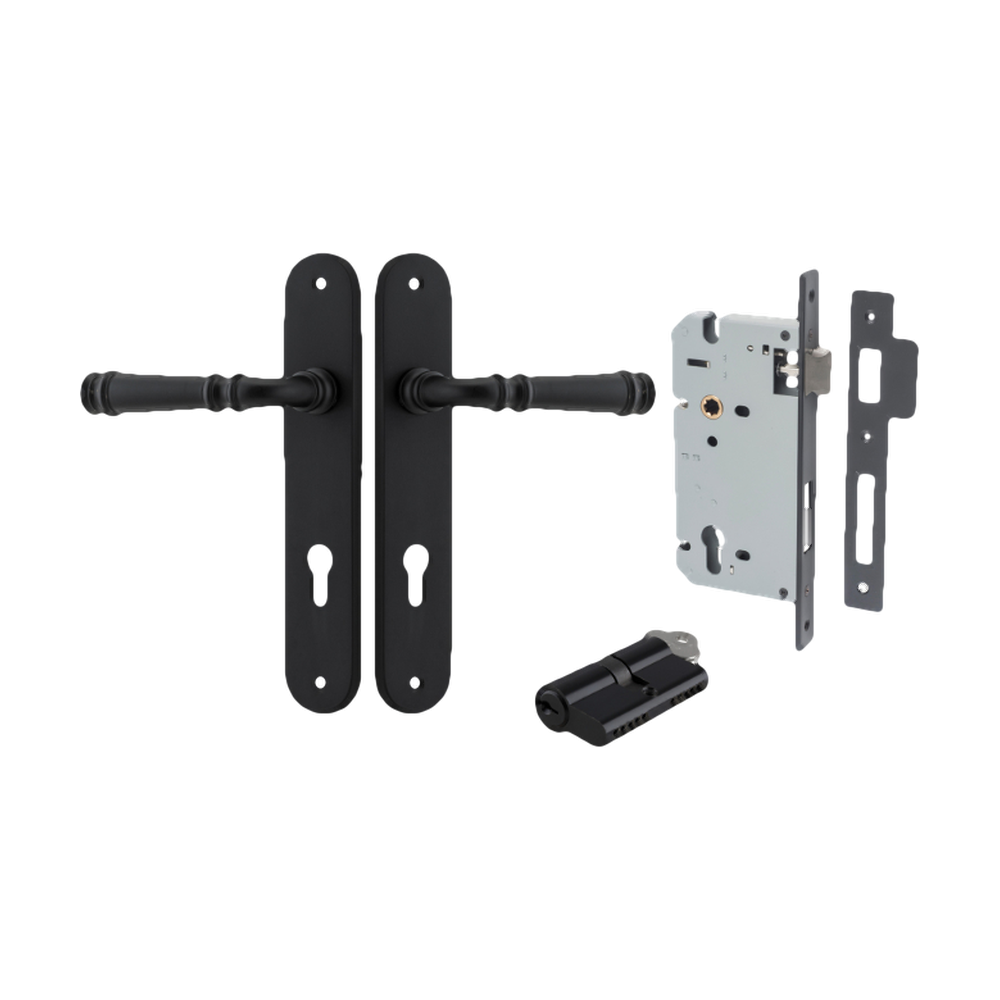 Door Lever Verona Oval Euro Matt Black CTC85mm H240xW40xP59mm Entrance Kit Mortice Lock Euro Matt Black CTC85mm Backset 60mm, Euro Cylinder Dual Function 5 Pin Matt Black L65mm KA1 in Matt Black