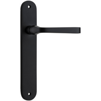 Pair of Iver Annecy lever door handles on oval backplates, showcasing elegant metal finish and modern design.