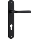 Pair of Iver Annecy lever handles on oval backplates for doors, showcasing polished brass finish and elegant design.