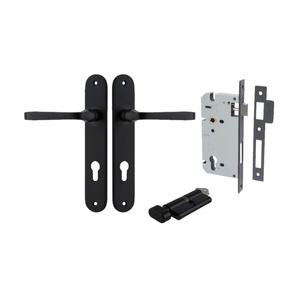Door Lever Annecy Oval Euro Matt Black CTC85mm H240xW40xP62mm Entrance Kit Mortice Lock Euro Matt Black CTC85mm Backset 60mm, Euro Cylinder Key Thumb 6 Pin Matt Black L70mm KA1 in Matt Black