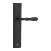 Pair of Iver Sarlat lever handles on stepped backplates, showcasing polished brass finish and classic door hardware design.