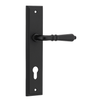 Pair of Iver Sarlat lever handles with stepped backplate, showcasing polished metal finish and elegant design.